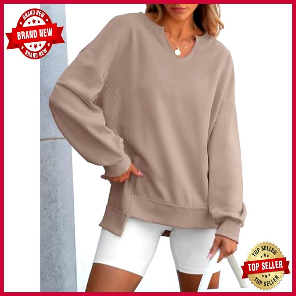 Oversized V-Neck Sweatshirt Tunic Pullover Long Sleeve Loose Fit - Picture 2 of 7